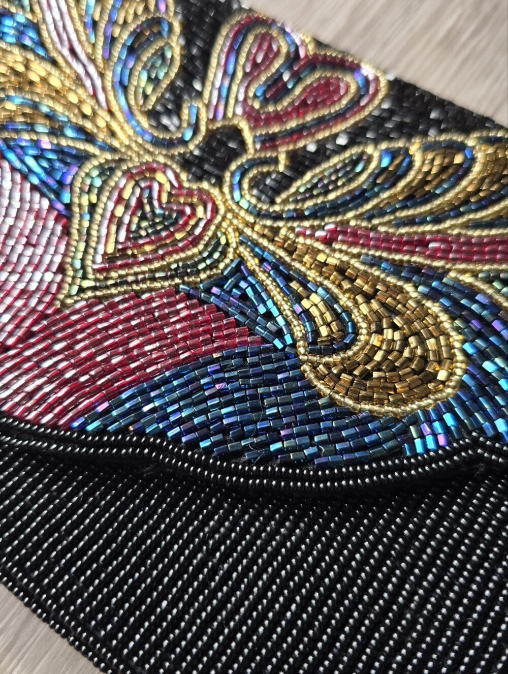 Andre Cellini Vintage Black Beaded Clutch Iridescent Butterfly Gold Wristlet